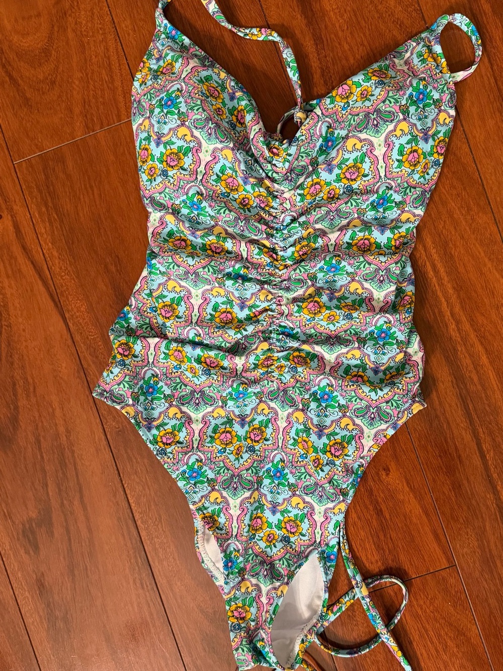 Floral Paisley One-Piece high cut Swimsuit in Pink, Yellow & Teal